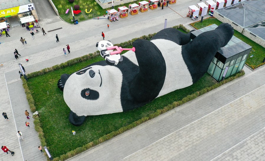 Estátua de panda tirando selfie encanta público no sudoeste da China
